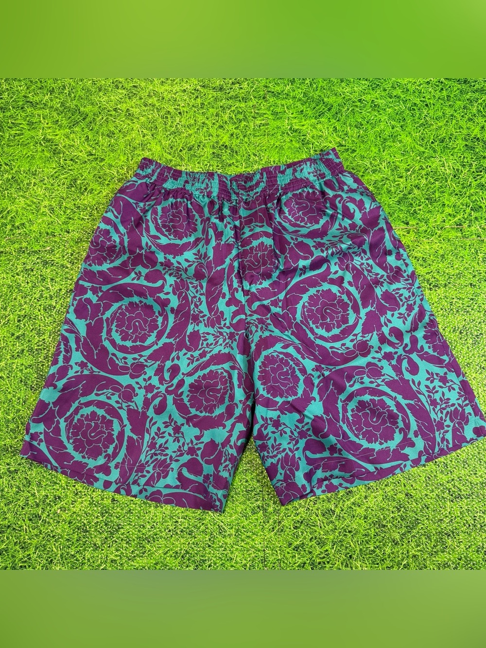 Versace Barocco Silk Shorts Men's Size Small Euro 46 Teal Plum NWOT 7” Inseam